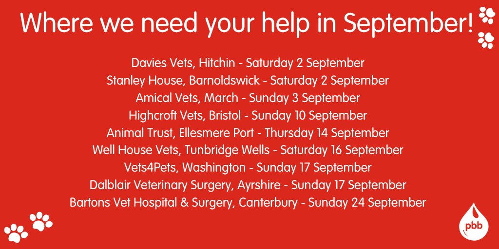 We are appealing for owners to help us at the following sessions in September🐶🩸 If your dog is a donor in one of these areas and you are available to come along to the session, please book in using our mobile app, or give us a call on 01509 232 222.