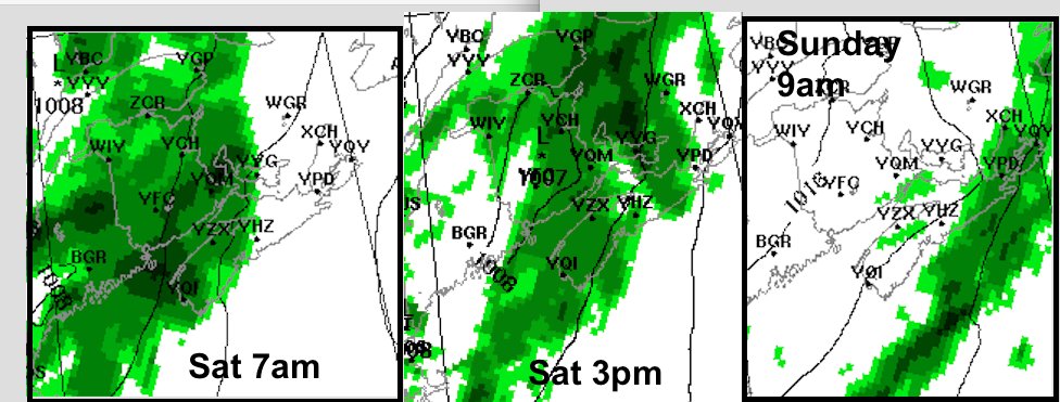 YHZweatherguy's tweet photo. Have weekend plans??  a few charts that give an indication of timing and location of rain.  
Heaviest rain is darker greens.  
YHZ is Halifax airport on maps. https://t.co/mmi1C2tdYC