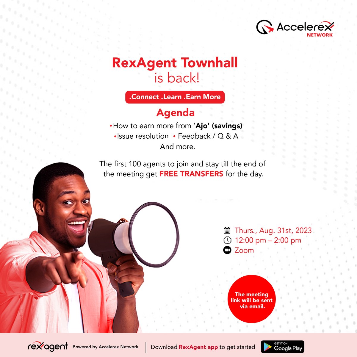 AccelerexN's tweet photo. Connect and learn how you can earn more 💰 at the next RexAgent town hall. 

Mark your calendar for Thursday, August 31st, at 12 p.m. We look forward to connecting with you.

#Accelerexnetwork
#RexAgent
#Financialinclusion https://t.co/xXRIH6DqMi