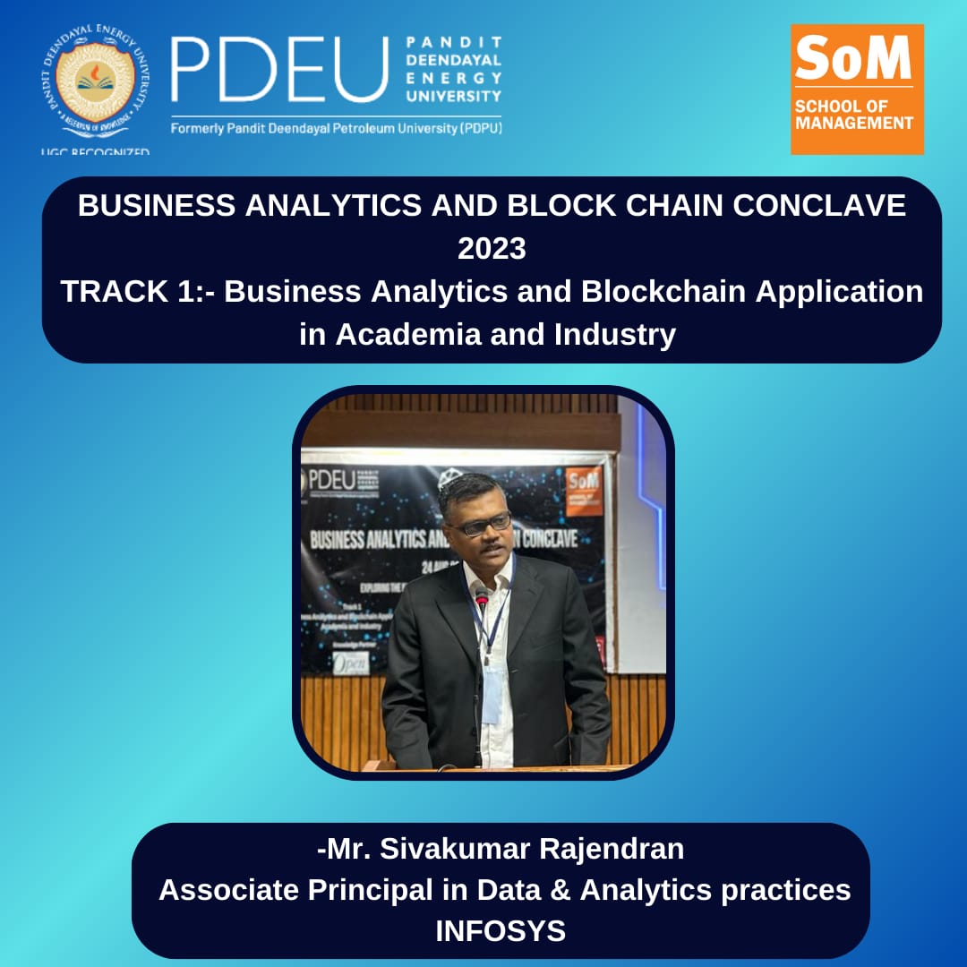 spmpdeu's tweet photo. Under the guidance of Dean Dr. Tanushri Banerjee, the Business Analytics and Blockchain Conclave at PDEU-SoM was organized. She highlighted the role of data analysts in shaping business strategies and solving business problems. https://t.co/tYfuh6tYTl