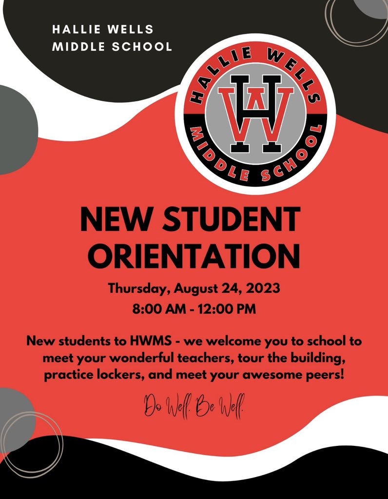 DrMcNeal_HWMS's tweet photo. It’s TODAY!!!!!! We are so excited to see our new students and welcome them to #DoWell and #BeWell at @HallieWellsMS! @bethfthomas1 @HWMS_AP_Paskvan @HWPTSA https://t.co/6wyntH0HU4