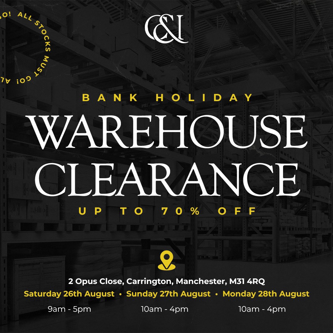 No plans this weekend?👀

Head down to our warehouse clearance this bank holiday for up to 70% off!🚨

Hope to see you there!👋