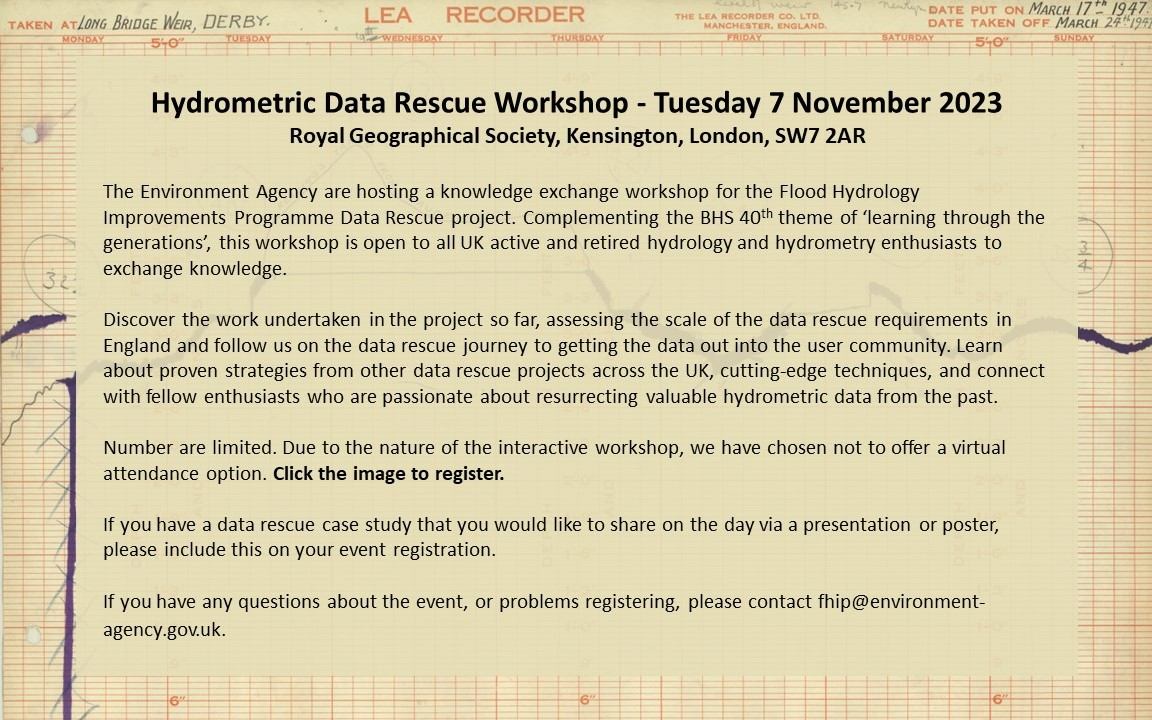 KatieMuchan's tweet photo. Love hydrometric data? Love the look and smell of old paper?! Interested to hear what we're trying to do to rescue it all?

Register for our knowledge exchange workshop on rescuing hydrometric data: https://t.co/1Yj3oEZn19. 

📅7th November
🌍London https://t.co/VArKkk4YUK