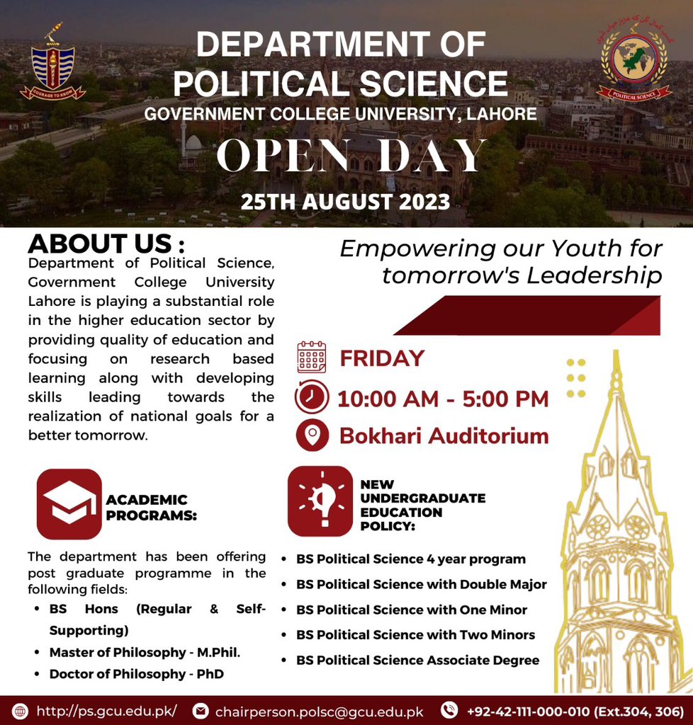 ps_gcu's tweet photo. Join us tomorrow for the Department of Political Science Open Day at Government College University Lahore. 🎉 
Venue: Bokhari Auditorium 
⏰ Time: 10 AM - 5 PM. See you there!

 #GCUOpenDay #PoliticalScienceDept
#GCUniversity #GCUniversityLahore #GCU https://t.co/Jm5w7J6tDq