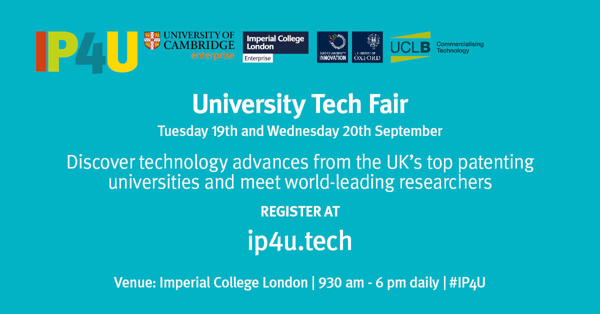 UCLVentures's tweet photo. Meet up to 80 world-leading researchers and their new technology advances in sustainability and future health, at #IP4U. We're pleased to be taking part alongside other TTOs @OxUInnovation @UCamEnterprise & Imperial Enterprise.
Register: https://t.co/ZVhbTZt5ig https://t.co/eZ9qqLCYOo
