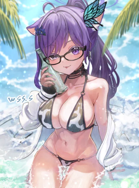 Skebで描いた猫耳メガネ牛柄ビキニちゃん #Skeb