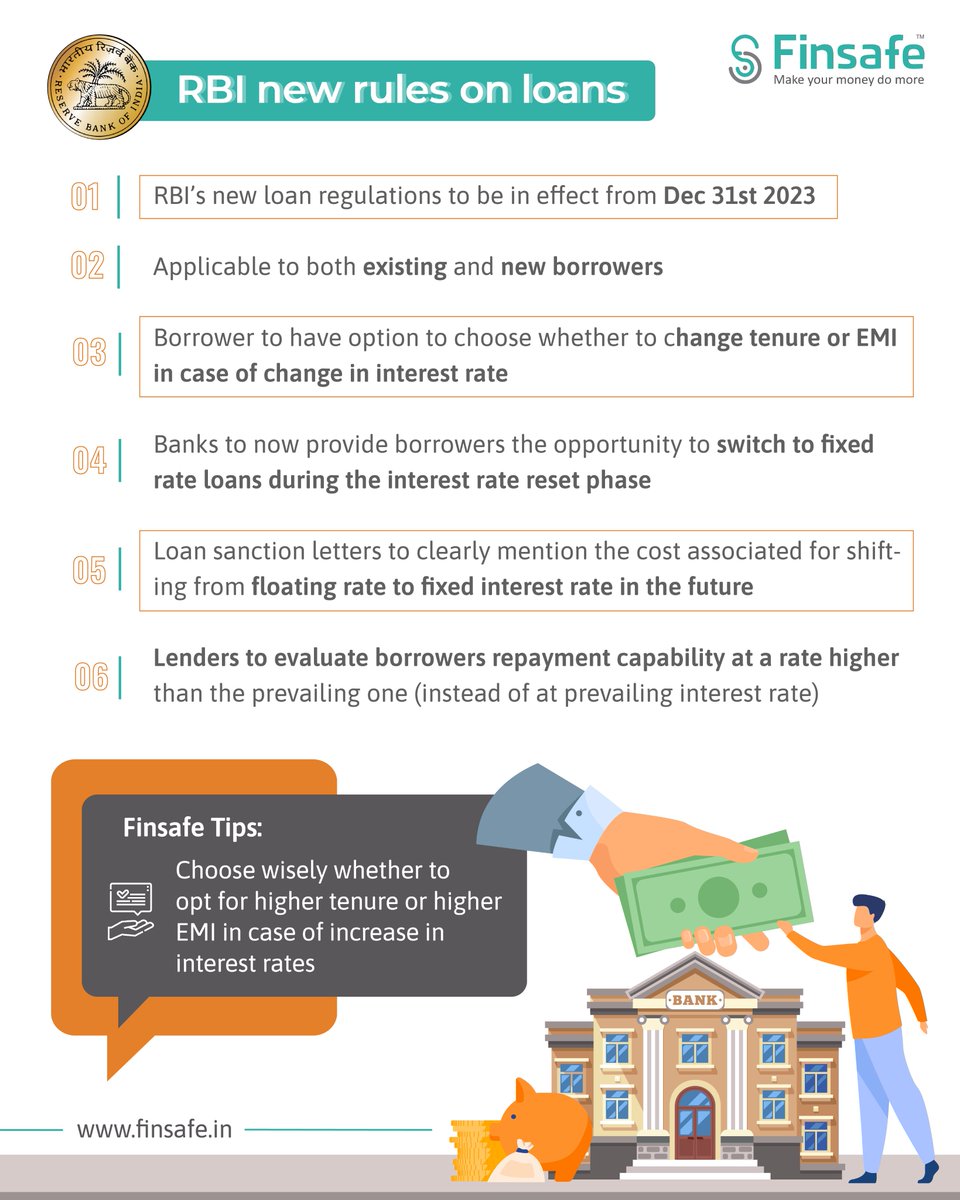 FinsafeIndia's tweet image. TIP OF THE WEEK:
RBI new rules on loans
@mrinagarwal
 
#RBI #loan #intrestrate #intrest #money #EMI  #financialfreedom #financialeducation #tips