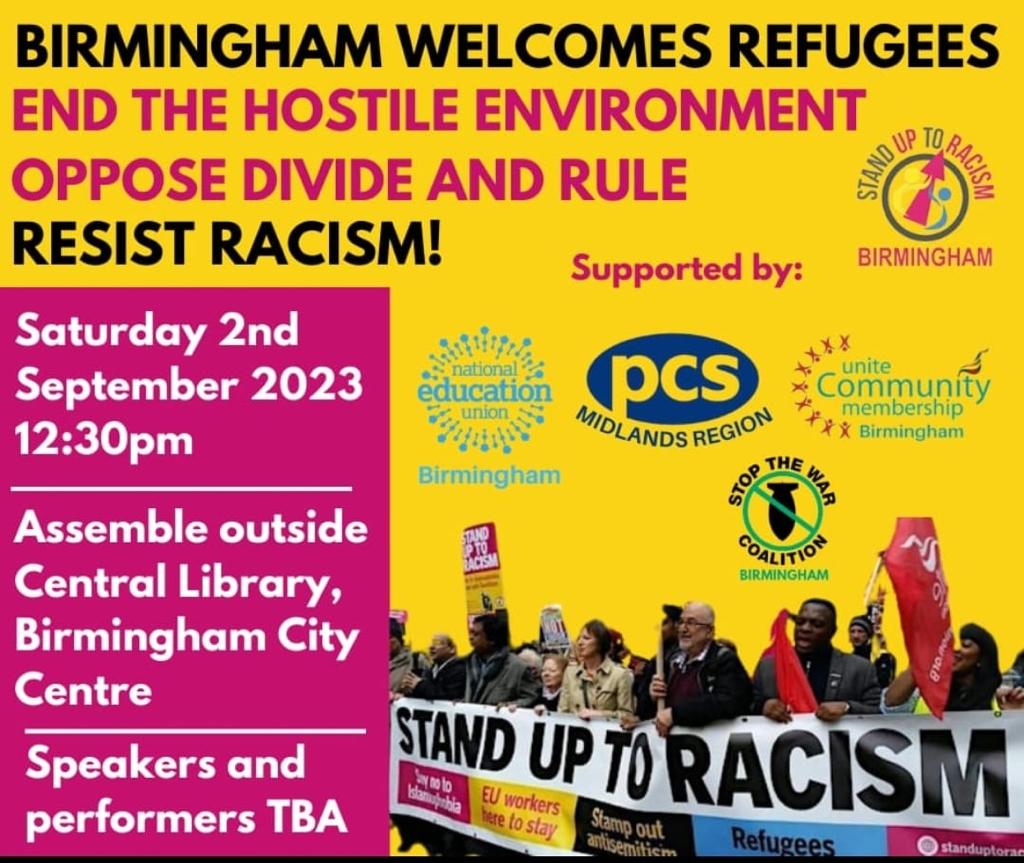 Stand against the hostile environment on Saturday 2 September from 12.30pm in Birmingham... #RefugeesWelcome @RefugeeAction @BhamCoS @BirchNetwork @BirmCTogether @WelcomeChurches @CTBI @CityofSanctuary @RefugeeTogether @BVSC @LoveBrum @StChadSanctuary @HoECF @BarrowCadbury