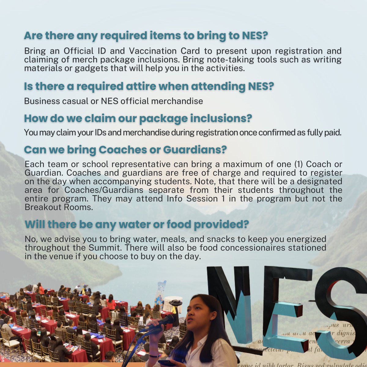 NESupecosoc's tweet photo. Ready to conquer the summit? ⛰

Read through some of these frequently asked questions as you prepare for this year’s fully face-to-face NES!

We can’t wait for you t embark on a journey to explore, expand, and connect global economic dynamics through the Filipino lens 🔭 https://t.co/NNuDjBtegp