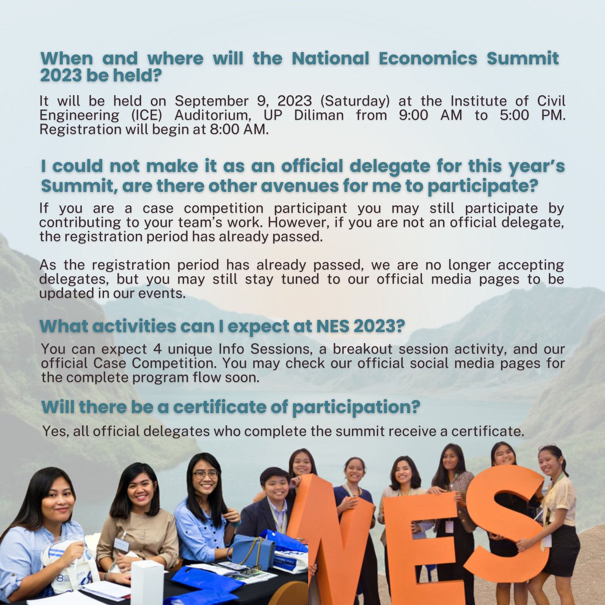 NESupecosoc's tweet photo. Ready to conquer the summit? ⛰

Read through some of these frequently asked questions as you prepare for this year’s fully face-to-face NES!

We can’t wait for you t embark on a journey to explore, expand, and connect global economic dynamics through the Filipino lens 🔭 https://t.co/NNuDjBtegp
