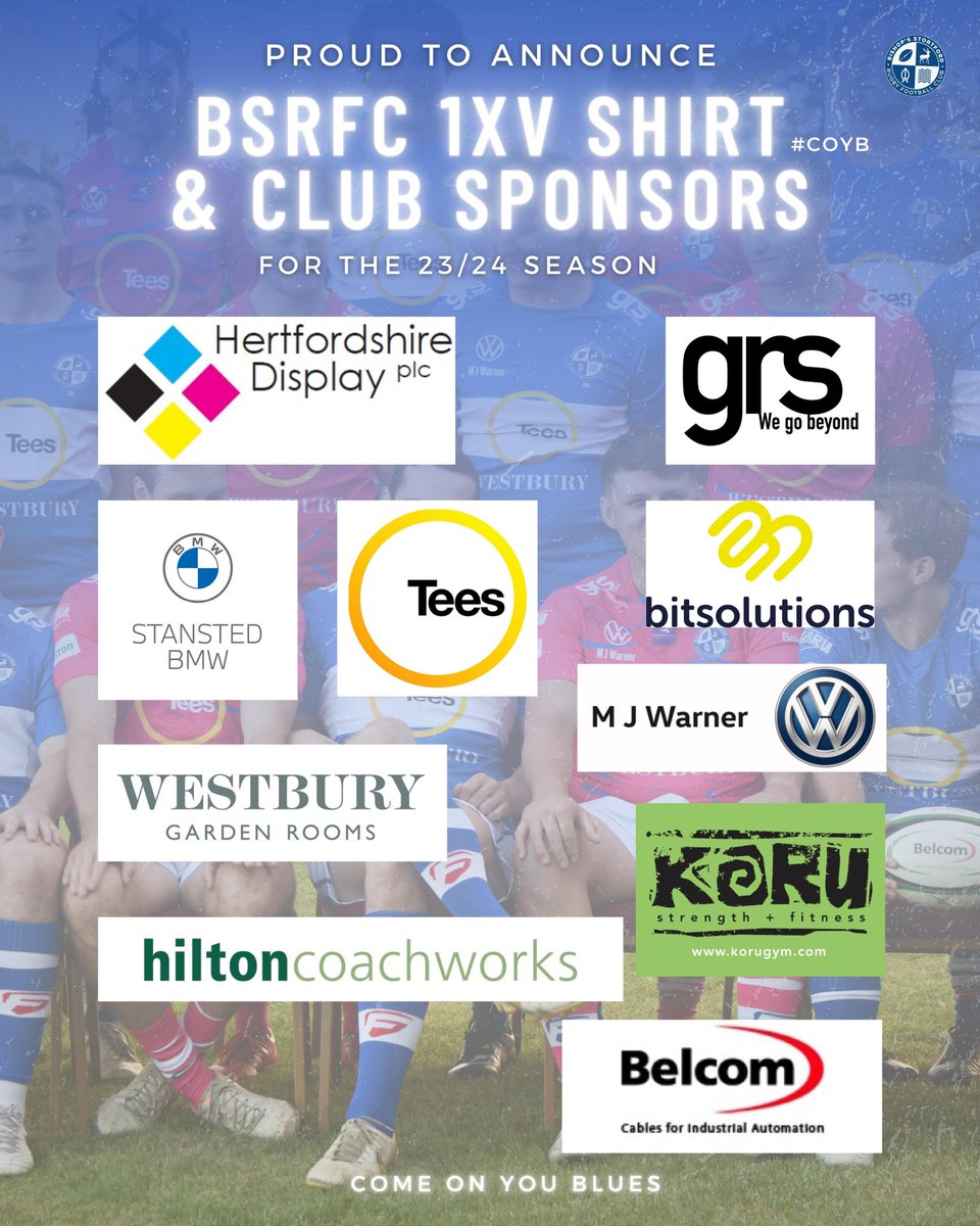 BSRUGBY's tweet photo. We are delighted to announce our 1XV shirt and Club sponsors. Thanks to @GRSWeGoBeyond @Tees_Law @BITSolutionsLtd @WestburyUK @MJWarnerVW @korugyms @HiltonCoachwork @hertsdisplay #StanstedBMW #Belcom https://t.co/dtvv9ktQO6