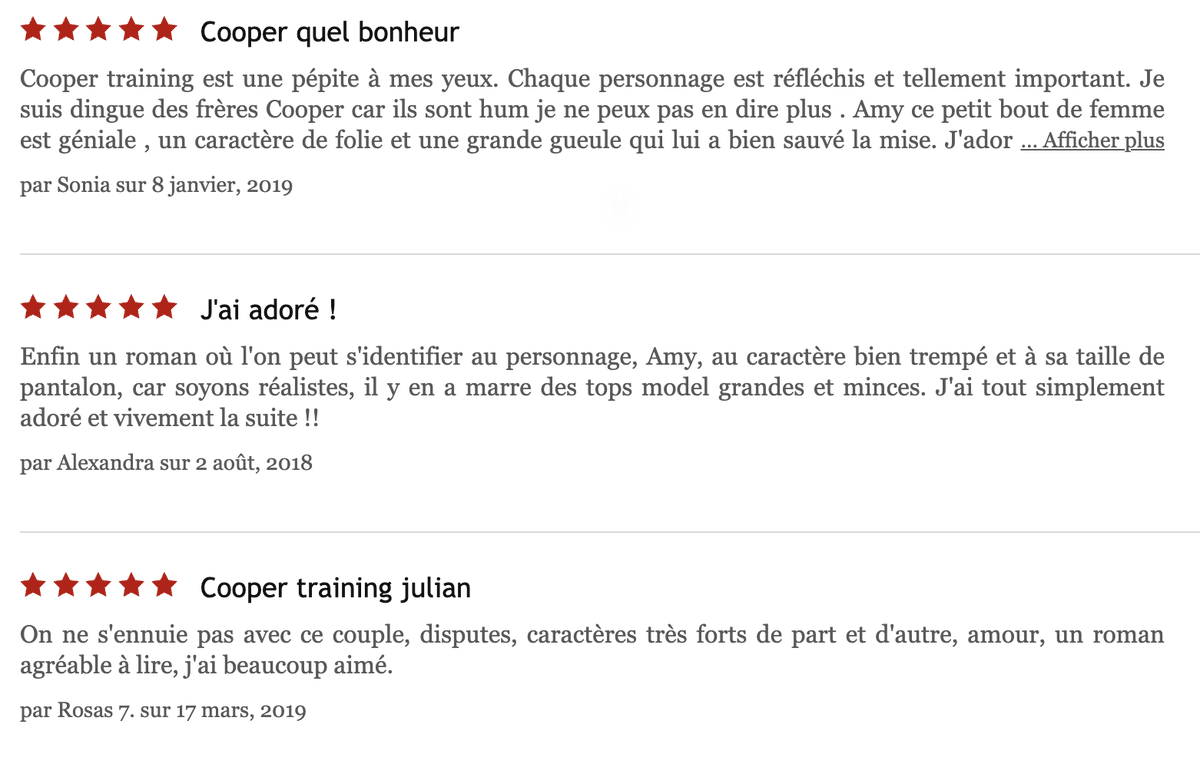 👋  <a href="/CassisMaloria/">Maloria Cassis</a>, on voulait juste vous dire… vos fans sont (aussi) sur Kobo ! Saviez-vous par exemple que le tome 1 de "Cooper Training" a 198 avis 5⭐️ ?

Nous (et nos lecteur·ice·s) attendons avec impatience vos nouveaux romans😉

#roman #livre #fiction 
<a href="/_Fyctia_/">Fyctia</a>