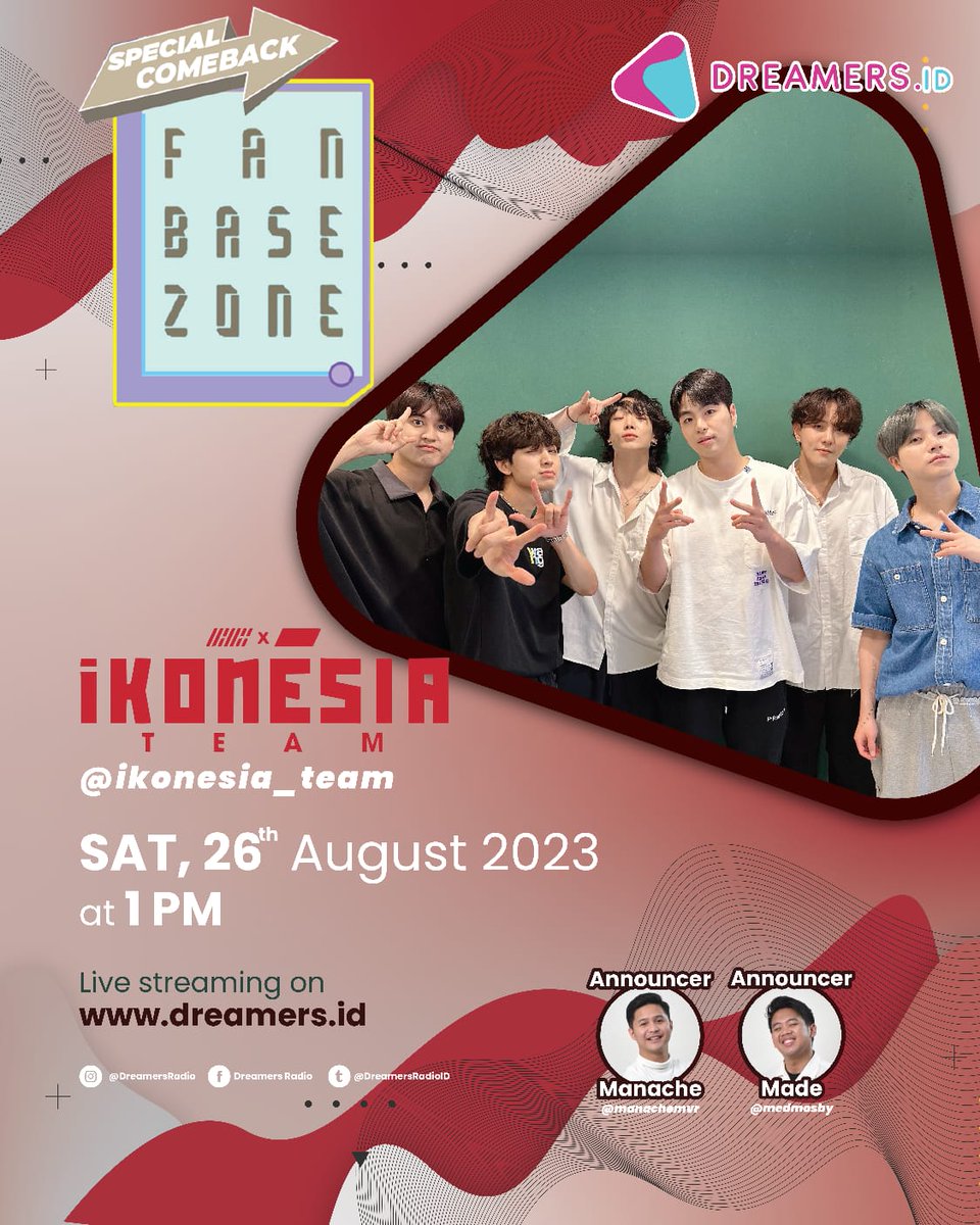 iKONESIA_TEAM's tweet photo. iKONIC‼️
Weekend ini di #FanbaseZone SPECIAL COMEBACK @DreamersRadioID bakal ada miminesia iKONESIA TEAM! 🥳
Stay tune ya!
Sabtu, 26 Agustus 2023
Jam 1 siang
LIVE di website Dreamers Radio ya 📣
Yukcuss💨
#dreamersid #dreamersradio #iKON #iKONIC https://t.co/7m2xPQnqBO