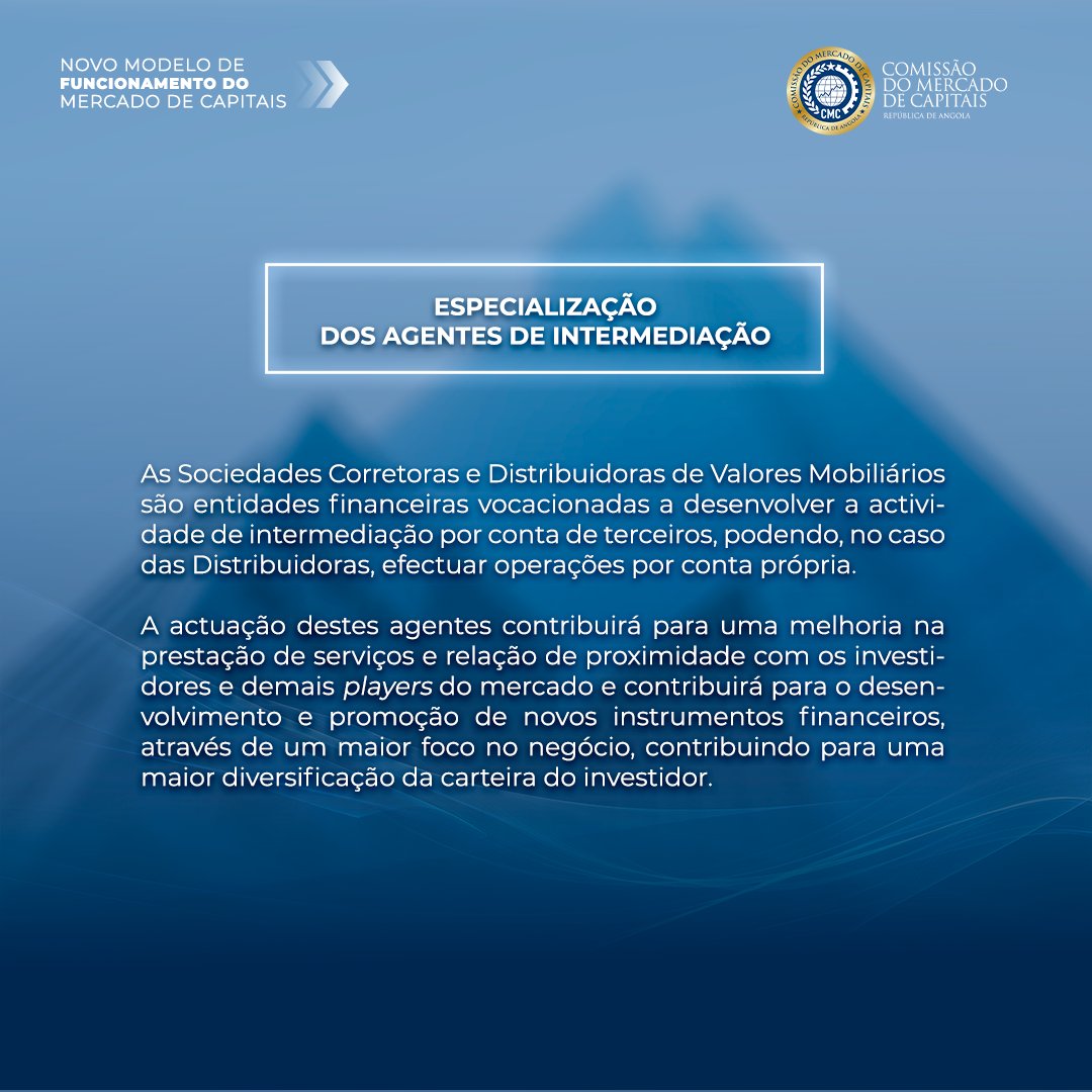 cmc_ao's tweet photo. Caro Investidor, conheça um dos benefícios do Novo Modelo de Funcionamento do Mercado de Capitais.

#Angola #CMC #MercadodeCapitais #SistemaFinanceiro #AgentesdeIntermediação #NMFMC #SDVM #SCVM https://t.co/A9u1wWVtVm