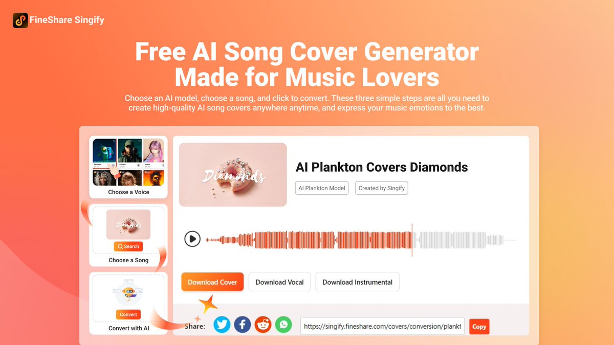 🎉Time to use AI song cover generator to redefine your music experience! 
🎶FineShare Singify is live. Get high-quality AI covers of your favorite songs online. 100+ well-trained voice models waiting for you to use for free! #aicover #aimusic #Singify singify.fineshare.com