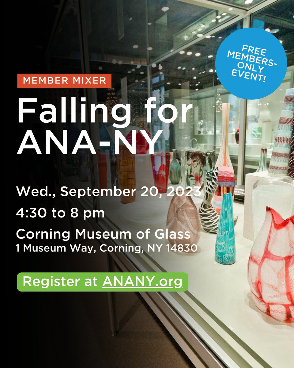 newyork_ana's tweet photo. Calling all ANA-NY Members! 🌟 Join us for a Member Mixer at the Corning Museum of Glass on September 20th — it's free for members to attend!

Sign up at https://t.co/v7EzLAr5EU

#NYnurses https://t.co/99YTColAKT