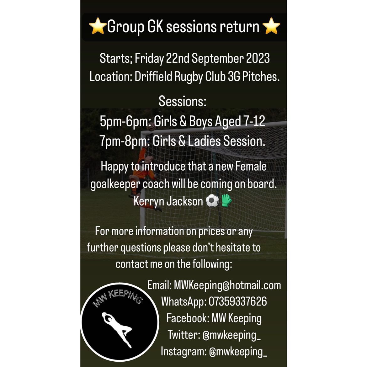 Group goalkeeping sessions return, with a new session & coach coming on board! This year a girls and ladies only session will be formed, aiming to create more opportunities for female GK’s, with fun & structured sessions. For more info get in touch. Please like and RT ⚽️🧤