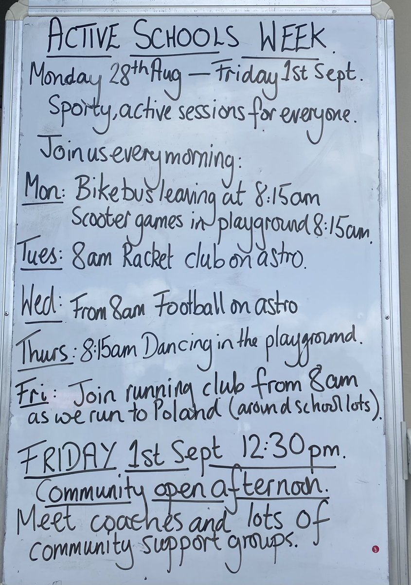 Our Active Schools week is next week. Active, sporty sessions for everyone, everyday in school. 
Something active everyday before school. 
Open afternoon at the end of the week. 
See you there? ⬇️⬇️⬇️
