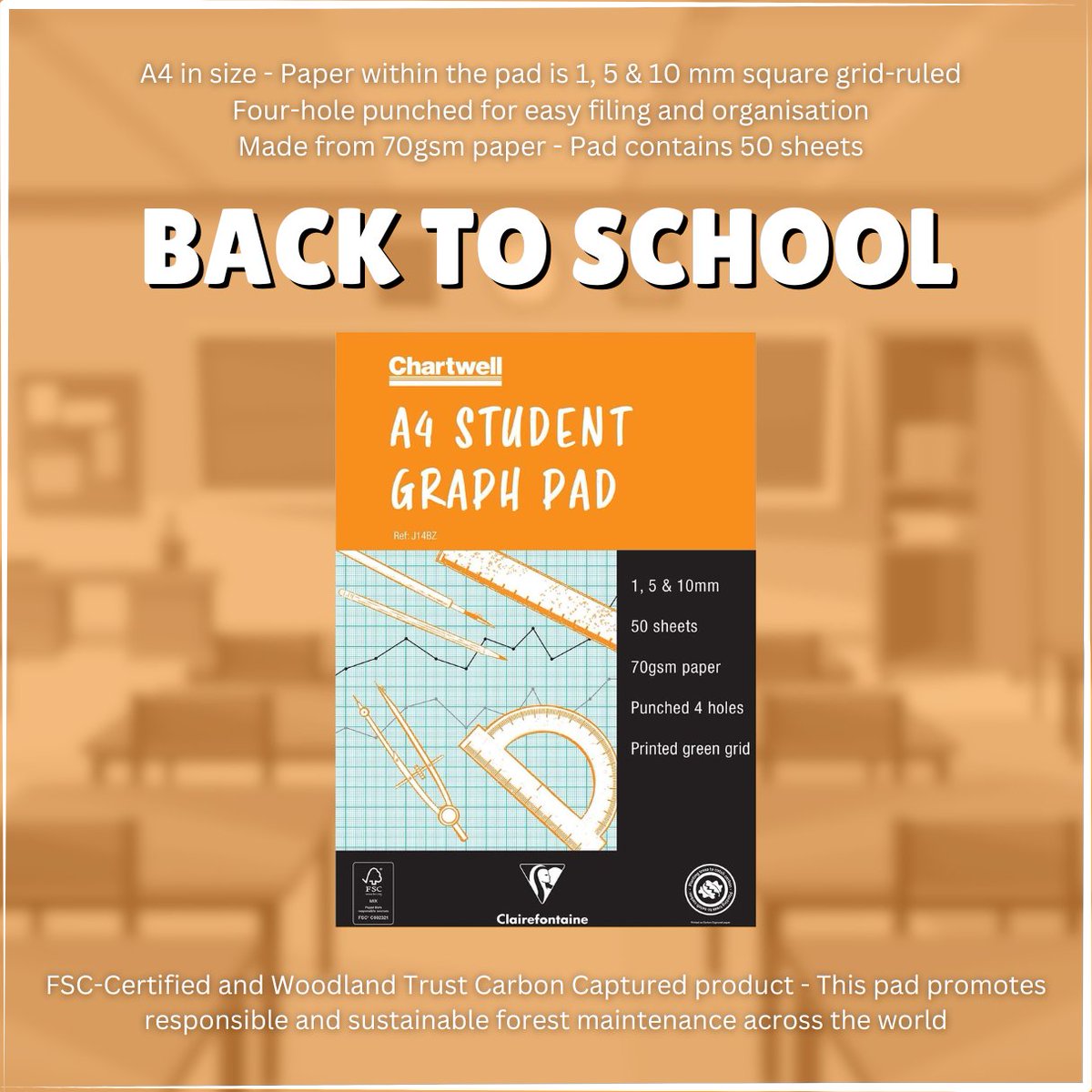 The Chartwell Student A4 Graph Pad is fantastic for students when working on graphs, mathematics and shapes. The pad has 50 double sided sheets of 70gsm paper, featuring transparent blue 5mm quadrilles.

#Chartwell #ChartwellGraphPad #BackToSchool