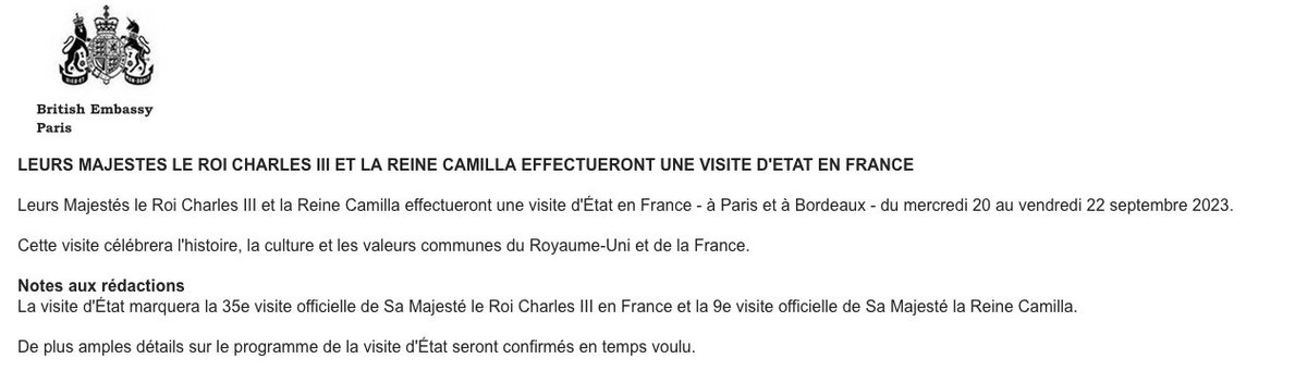 L'ambassade britannique à Londres annonce à l'instant la visite d'Etat du roi #CharlesIII et de la reine Camilla en #France  du mercredi 20 au vendredi 22 septembre. 

Elle avait été repoussée suite aux émeutes françaises de la fin juin.