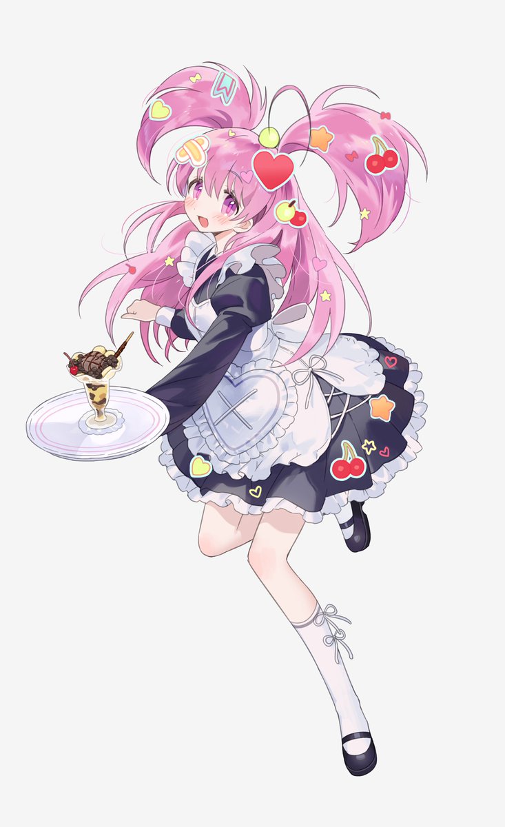 1girl pink hair solo long hair apron heart pink eyes  illustration images