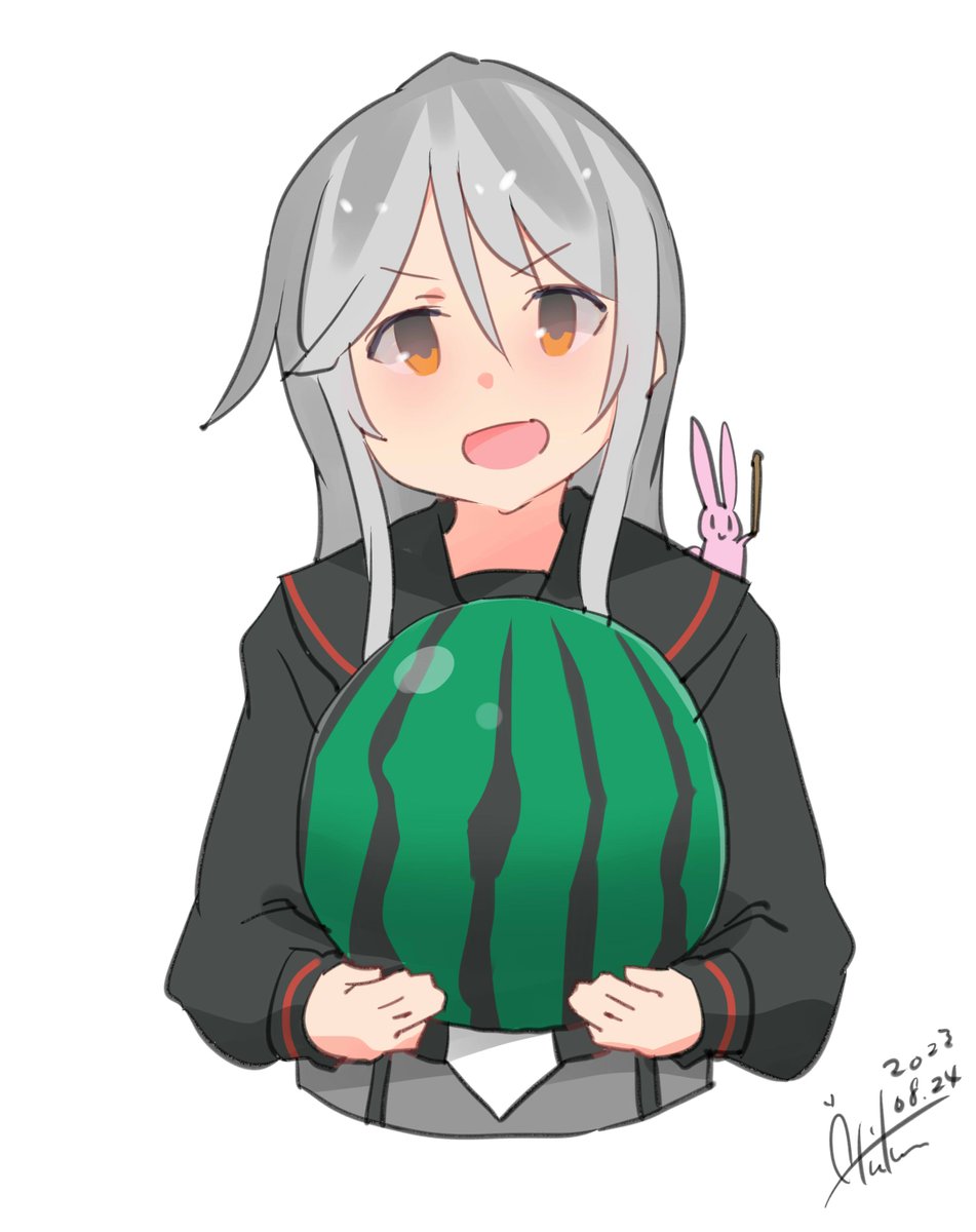 kikuzuki (kancolle) food fruit 1girl watermelon long hair school uniform white background  illustration images