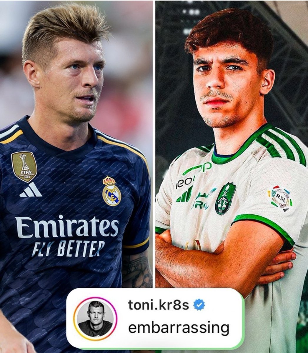 HelpbetC's tweet photo. Toni Kroos’ reaction on Fabrizio Romano’s Instagram post on 21-year-old Gabri Veiga’s move from Celta Vigo to Saudi Pro League side Al-Ahli 🇸🇦😳

#Veiga #Kroos #SaudiArabia #AlAhli #FabrizioRomano #helpbet https://t.co/KKSnrgFOxI