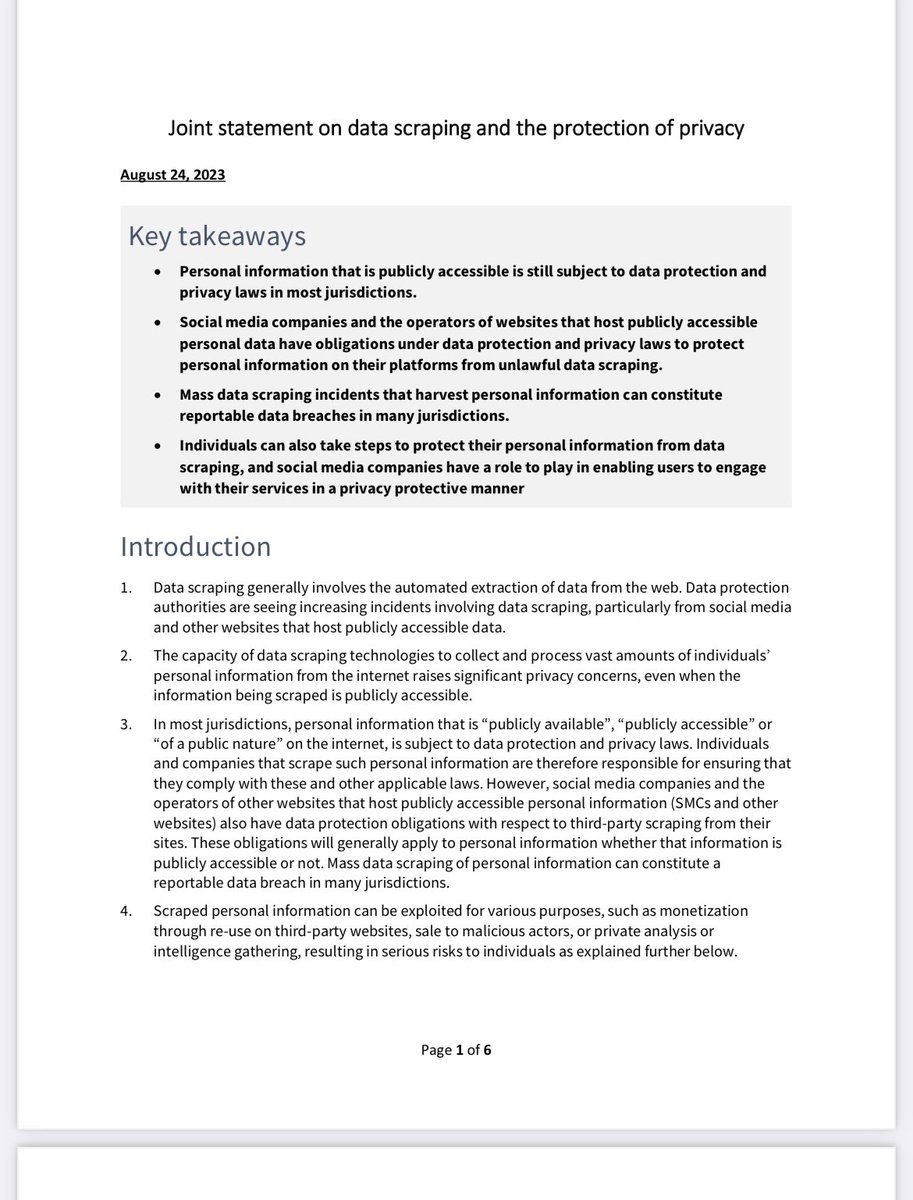 Data protection and privacy Authorities have released a joint statement addressing the issue of data scraping on social media platforms and other publicly accessible sites. edoeb.admin.ch/dam/edoeb/de/D…