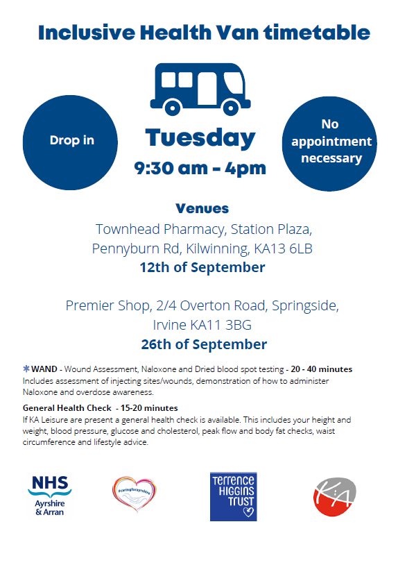 Community Justice Ayrshire Partnership (@cjayrshire) on Twitter photo Please see further details in the flyer below on the Inclusive Health Van. A one-stop shop for BBV testing, treatment & care. Scheduled to visit North Ayrshire in September. 👇<a href="/CafeSolace/">CafeSolaceKilbirnie</a> <a href="/IrvineCafe/">Cafe Solace (Irvine & Ardrossan)</a>
<a href="/MADGroupNAC/">Making a Difference</a> <a href="/NACJustice/">Justice Services</a> <a href="/NAHSCP/">North Ayrshire HSCP</a> <a href="/NAyrshirePEAR/">Turning Point Scotland North Ayrshire P.E.A.R</a> <a href="/North_Ayrshire/">North Ayrshire Council</a> <a href="/NorthAADP/">NAADP</a> Please see further details in the flyer below on the Inclusive Health Van. A one-stop shop for BBV testing, treatment & care. Scheduled to visit North Ayrshire in September. 👇<a href="/CafeSolace/">CafeSolaceKilbirnie</a> <a href="/IrvineCafe/">Cafe Solace (Irvine & Ardrossan)</a>
<a href="/MADGroupNAC/">Making a Difference</a> <a href="/NACJustice/">Justice Services</a> <a href="/NAHSCP/">North Ayrshire HSCP</a> <a href="/NAyrshirePEAR/">Turning Point Scotland North Ayrshire P.E.A.R</a> <a href="/North_Ayrshire/">North Ayrshire Council</a> <a href="/NorthAADP/">NAADP</a>