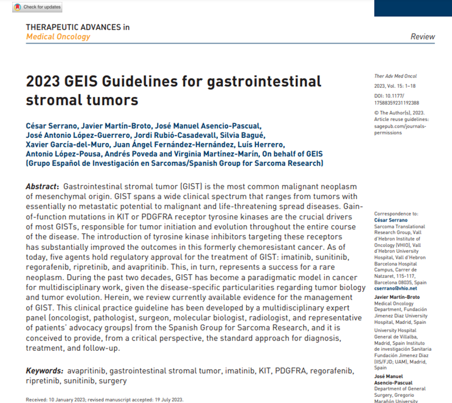 Hi #sarcoma #oncology community! I am happy to share, on behalf of the Spanish Sarcoma Group (GEIS) @GrupoGeis, and just out of the oven, our new guidelines for the management and treatment of patients with #GIST 📚🔗👇 journals.sagepub.com/doi/10.1177/17…