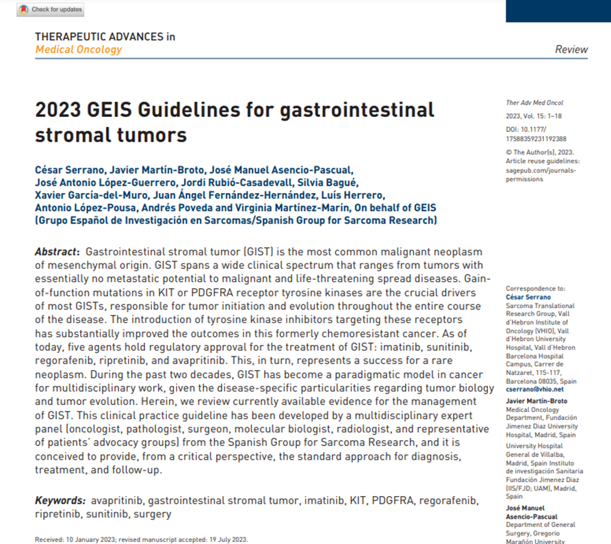 DrCeSarcoma's tweet photo. Hi #sarcoma #oncology community!
I am happy to share, on behalf of the Spanish Sarcoma Group (GEIS) @GrupoGeis, and just out of the oven, our new guidelines for the management and treatment of patients with #GIST
📚🔗👇
https://t.co/lmFFKHe53t https://t.co/G05iZOcNr6