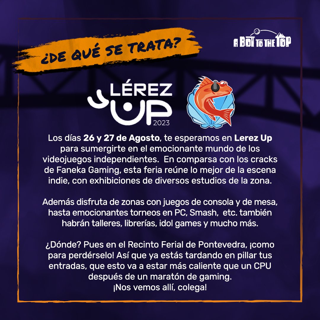 ABottotheTop's tweet photo. ¡Atención! Apunta estas fechas: 26 y 27 de Agosto, en Lerez Up, arrasamos en la Zona Indie (solo indies con chispa y personalidad). Ven a probar, a charlar con los currantes detrás de los pxles y a pasarla en grande. ¡Pilla tus entradas en @gaming_troop, que va a ser la caña! 🎮 https://t.co/RalfkohWoL