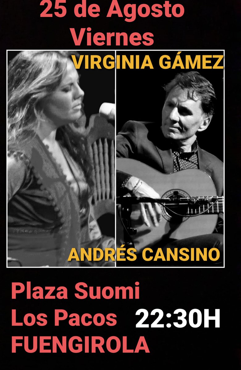 Este viernes 25, recital con VIRGINIA GÁMEZ, en Fuengirola (pza. Suomi, Los Pacos) 22:30h. Entrada libre.

#flamenco #fuengirola #cante #guitarraflamenca #Espectáculos #flamencoshow #cultura #LosPacos #festival <a href="/fuengirola/">Ayto. Fuengirola</a>