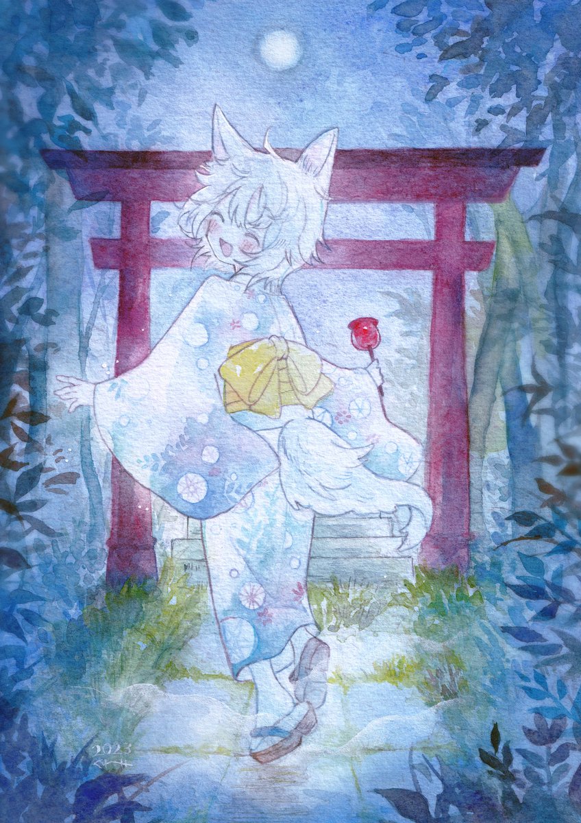 inubashiri momiji 1girl animal ears tail japanese clothes torii wolf ears kimono  illustration images