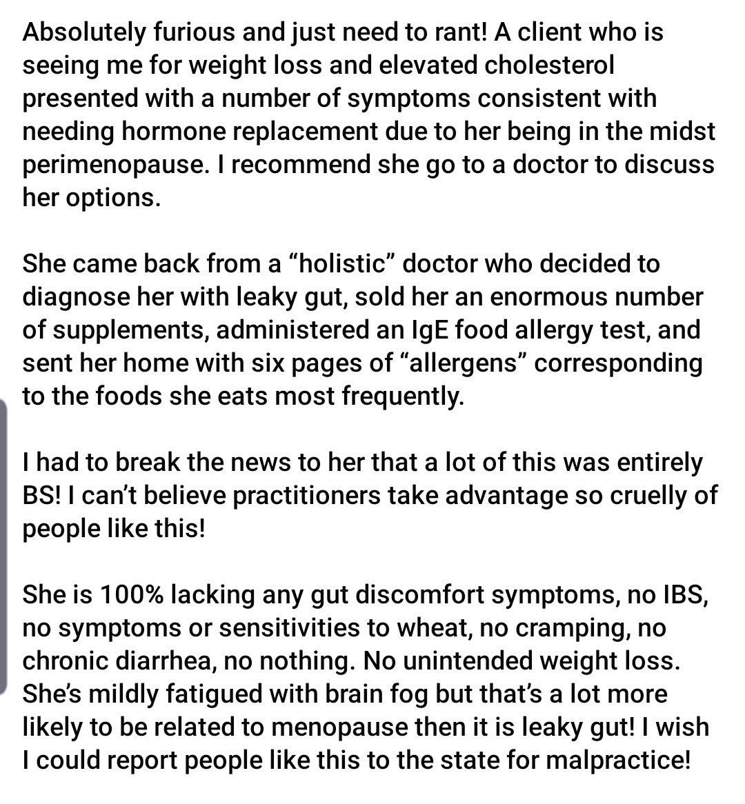 BuildUpRDNs's tweet photo. (submitted by a dietitian) this is why we have trust issues with alternative medicine providers....in this case a "holistic" doctor. 😜🤡🦆 https://t.co/EVJmUU7w09