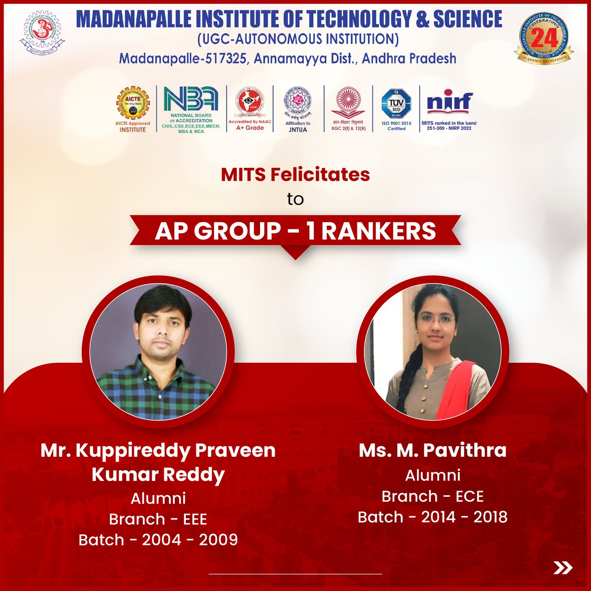MITS_College's tweet photo. Both Mr. Reddy and Ms. Pavithra's achievements underline the quality of education and the nurturing environment provided by MITS.
#MITS #Engineerng #Felicitate #Alumni #ProudMITS #AndhraPradesh #India https://t.co/1sSjo3XMcY