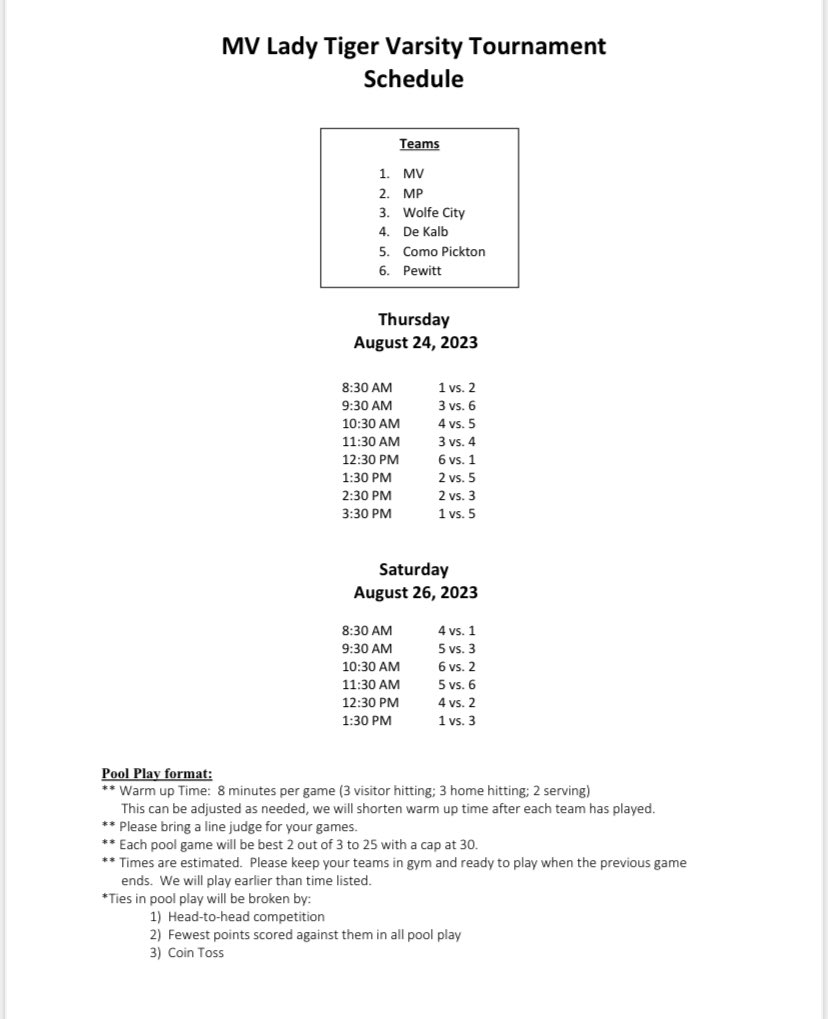 The Lady Tigers kick off the MV Tournament this morning at 8:30!

Also, good luck to our junior high volleyball teams that have their first game of the season tonight!! 
Go Lady Tigers! 🐅🏐