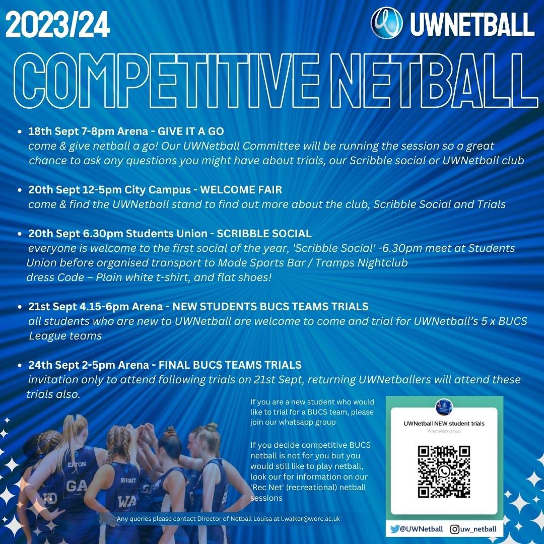UWNetball's tweet photo. Are you new to @worcester_uni and want to play competitive netball? Come and get involved with UWNetball ๐ We canโt wait to meet you ๐๐ #universitynetball #netballtrials #netballclub https://t.co/N1NTftxinP