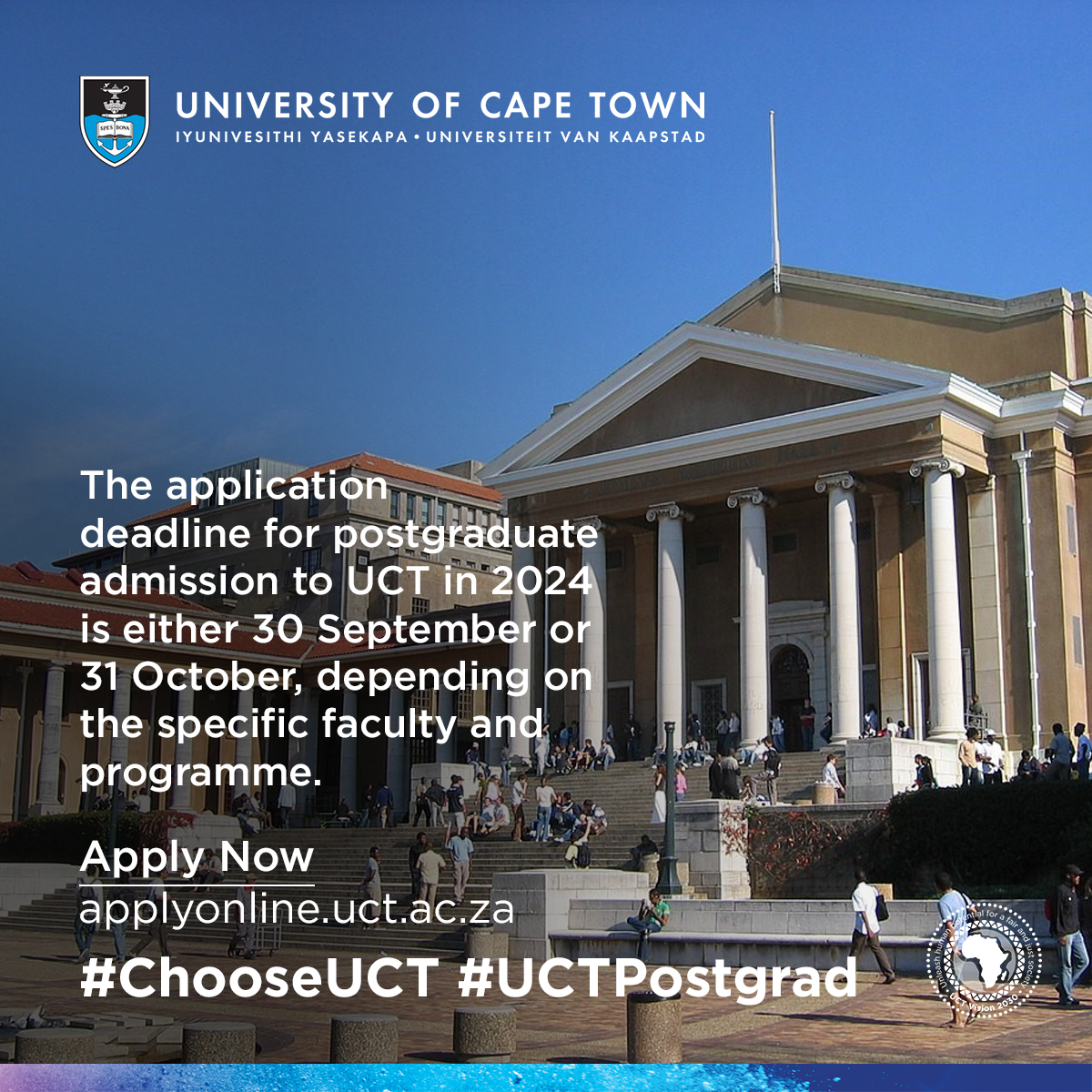 Planning to pursue your postgraduate studies at UCT in 2024?

Be sure to familiarise yourself with the various closing dates for different faculties and programmes. Although specific programmes have different dates – and although some programmes have earlier closing dates – the
