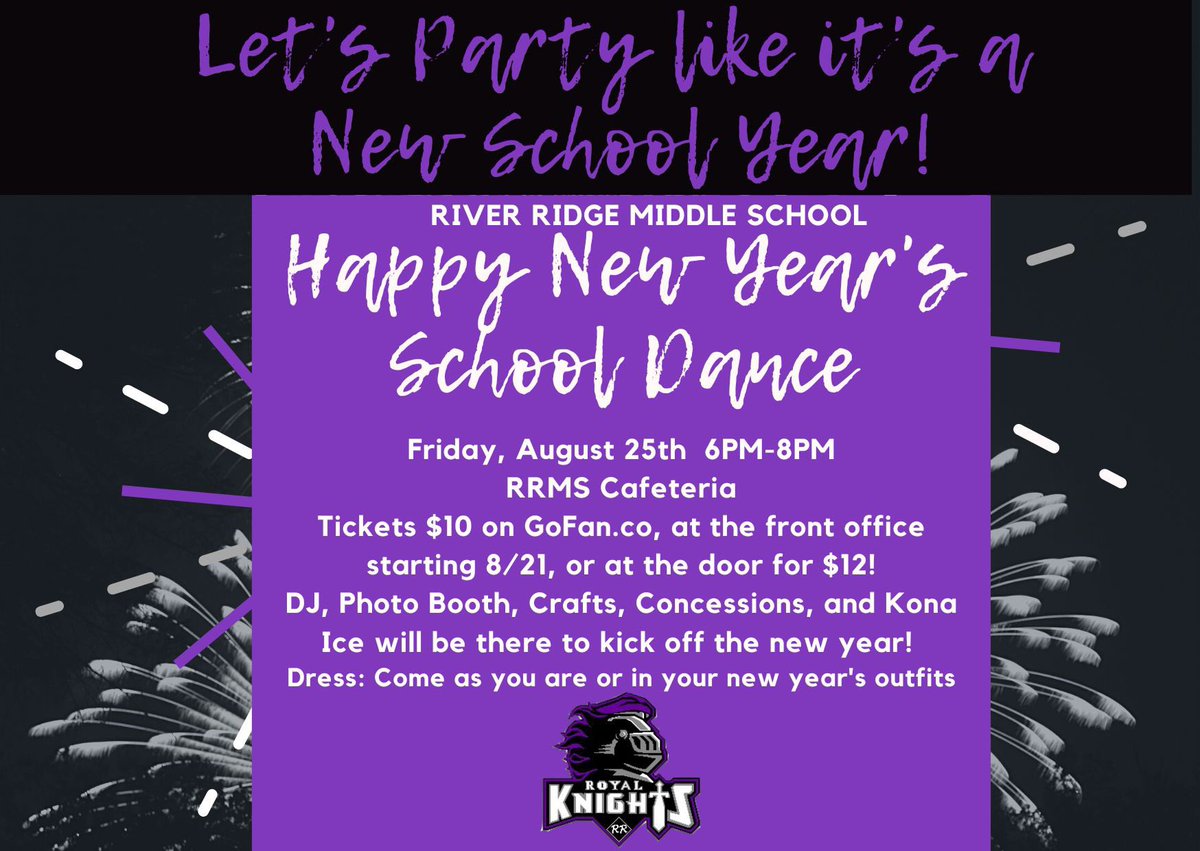 Due to several events on campus on August 25th, the drop off and pick up for the RRMS dance will be in the middle school bus loop. The main lots will be paid parking only for the HS football game. We will have volunteers to help students get to the cafeteria for the dance.