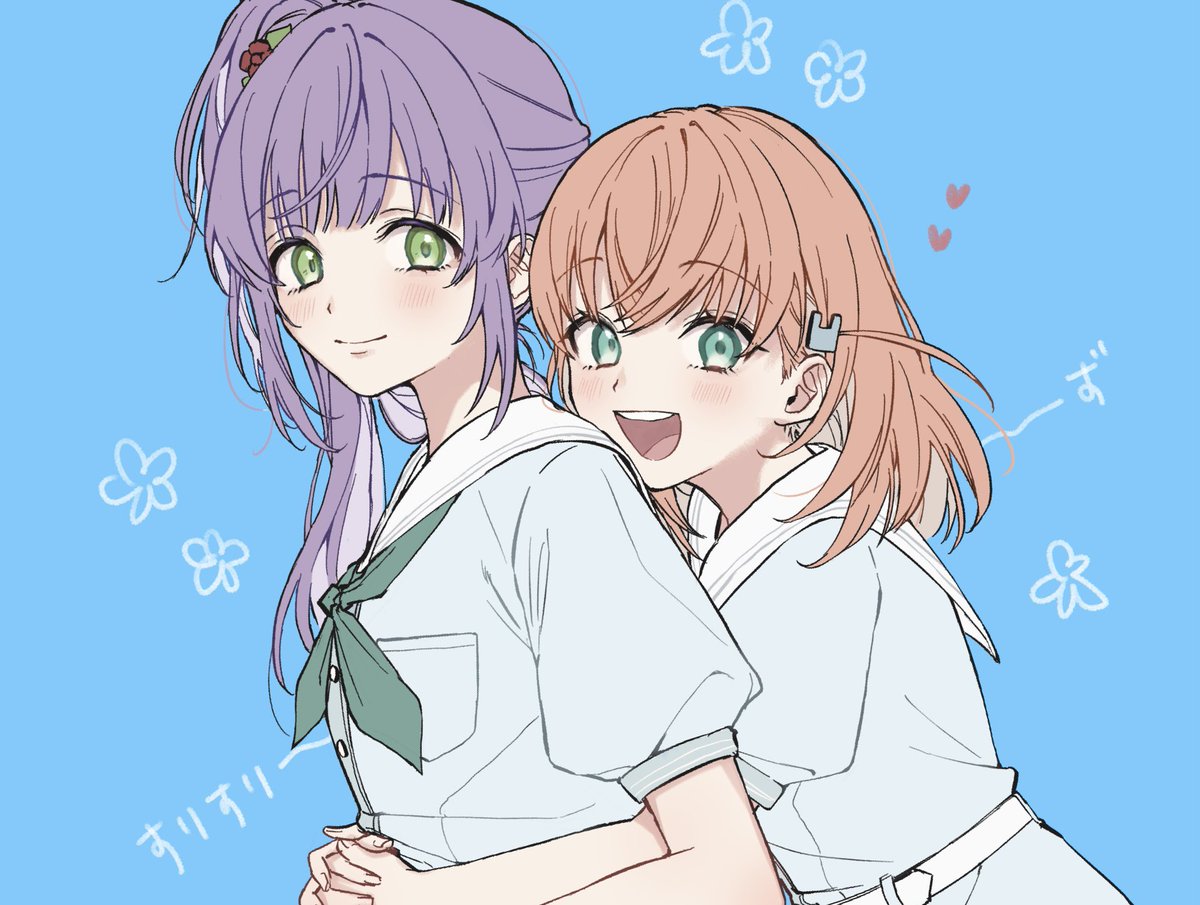 multiple girls 2girls hug blue background smile green eyes hug from behind  illustration images