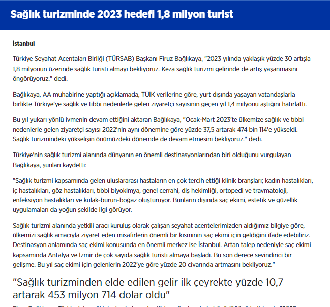 Gelen turist sadece taksimde gezmeye gelmiyor..

Sağlık turizmi ile 2023 hedefi 1.8 milyon turist..
İlk 3 ayda 453 milyon $ gelir elde edildi.

Saç ekimi, estetik cerrahi diş implantı.. Çoğu da Körfez ülkesi Arap..

Irkçılık bu sektörü bitirir!

Doktorlar hemşireler Oteller
