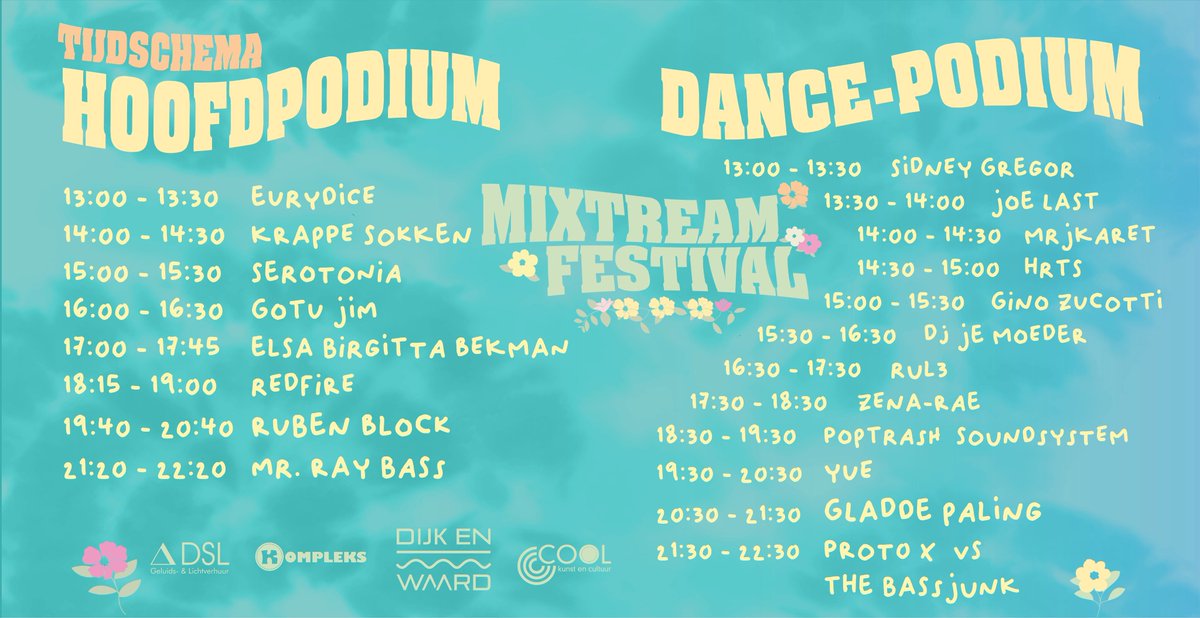 Mixtream's tweet photo. Tijdschema van Mixtream Festival 2023! 🦋 Om 12:30 gaan we zondag open 🌻 https://t.co/TTof5No5pU
