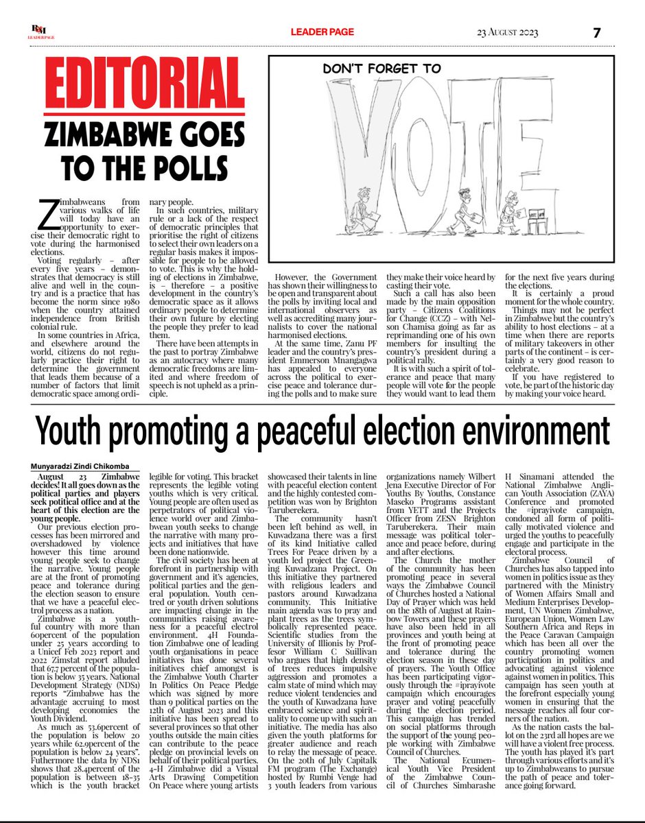 #thekid4rommabvuku♠️ (@munyazindie) on Twitter photo My latest published article focuses on the contributions of the young people towards peaceful election.
<a href="/SimbaSinamani/">Simbarashe Henry Sinamani</a> @damien_marcus_gwini <a href="/misazimbabwe/">MISA Zimbabwe</a> <a href="/MercyTakanayi/">mercy takanayi</a> <a href="/murungu_tate/">Christopher T Murunguzha 🇿🇼🇺🇲</a> <a href="/zccinzim/">Zimbabwe Council of Churches</a> <a href="/mcauthur_lokie/">McAuthur Lokie✨️</a> <a href="/CourageNenduva/">courage _nenduva</a> My latest published article focuses on the contributions of the young people towards peaceful election.
<a href="/SimbaSinamani/">Simbarashe Henry Sinamani</a> @damien_marcus_gwini <a href="/misazimbabwe/">MISA Zimbabwe</a> <a href="/MercyTakanayi/">mercy takanayi</a> <a href="/murungu_tate/">Christopher T Murunguzha 🇿🇼🇺🇲</a> <a href="/zccinzim/">Zimbabwe Council of Churches</a> <a href="/mcauthur_lokie/">McAuthur Lokie✨️</a> <a href="/CourageNenduva/">courage _nenduva</a>