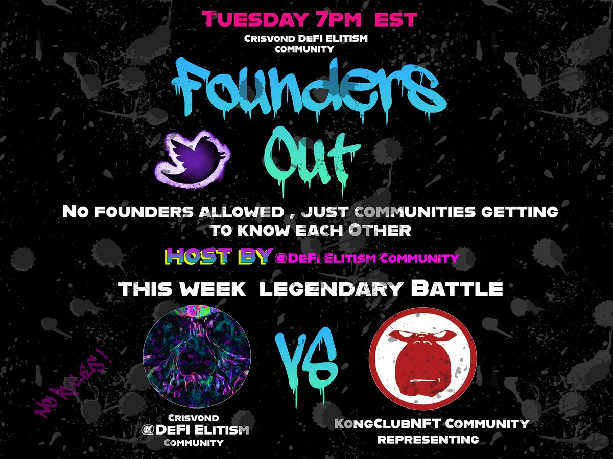 Defielitism's tweet image. 💫 Founders Out Space 💫
We need the @Defielitism Community to show up and show out as we get to know the amazing @KongClubNFT community!
Tuesday August 29th at 7pm est, with some poker action following the space 😉 Can't wait to hear more about the #Kongs!