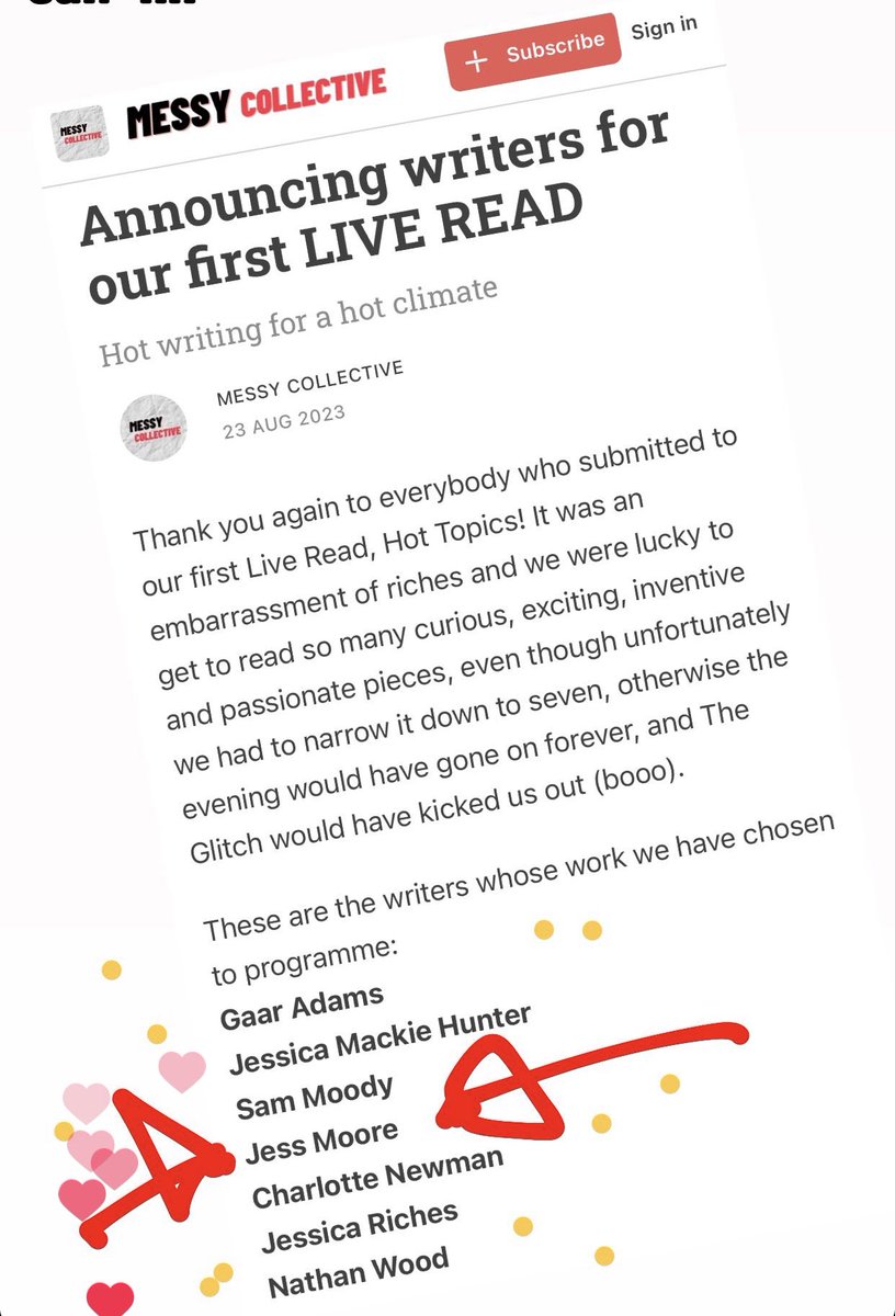 JessMooreTweets's tweet image. Excited about this.... my dark comedy about climate change will be performed next week as part of #MessyCollective's first Live Read!
The Glitch, 7pm, Tuesday 29th. 🎭😊

Tix via the link: 
open.substack.com/pub/messycolle…