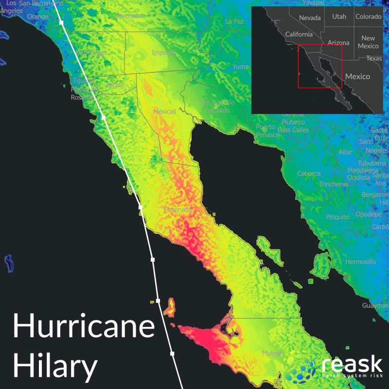 Here is Reask’s view of the surface gust winds for #Hurricane #Hilary 

#HurricaneSeason #MachineLearning  #climatetech