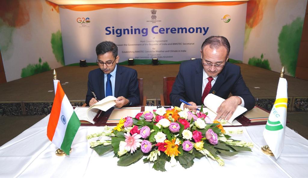ncmrwfmoes's tweet photo. NCMRWF is happy to share that the Host Country Agreement between the GOI and the BIMSTEC Secretariat for Establishing BIMSTEC Centre for Weather and Climate (BCWC) in India was signed at the High Commission of India in Dhaka, Bangladesh on 24 August 2023. https://t.co/fNO9Sk7k3b
