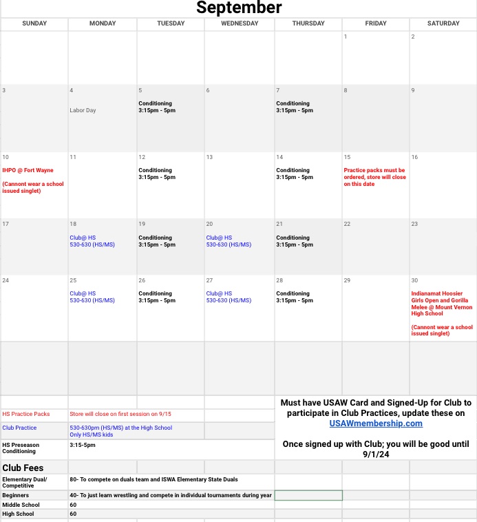 September schedule….more information on Practice packs coming soon.