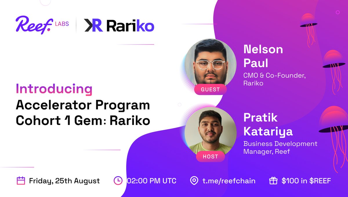 Reef_Chain's tweet photo. 🐠💎 Introducing the #ReefLabs Accelerator Program Cohort 1 Gem: @rariko_info, pioneering composable social graph powering interconnected social apps.

📅 25th Aug, 2PM UTC | https://t.co/WhvlvKFGNq
$100 Reward Pool for best Qs &amp; Quiz winners.
Send Qs below! https://t.co/8HdiEGT3K1
